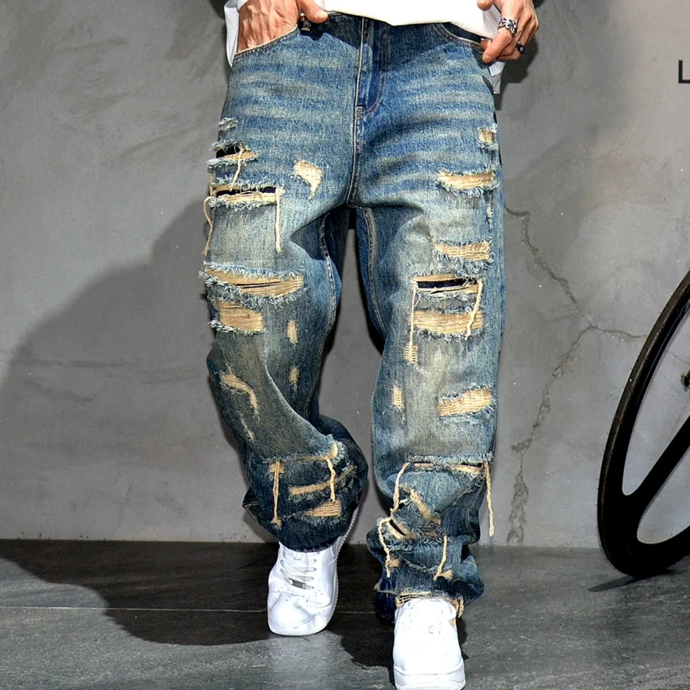 American Streetwear Hand Sewn Patch Ripped Jeans For Men Skateboard Baggy Denim Straight Leg Pants Harajuku Fashion Trousers - Afbeelding 4