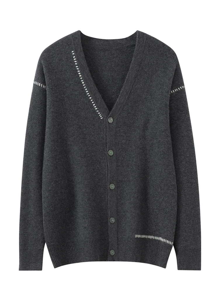 Aliselect Men V-neck Wool Cardigan Smart Casual Long Sleeve Cashmere Sweater Autumn Winter 100% Merino Wool Knitwear Basic Cloth - Afbeelding 3