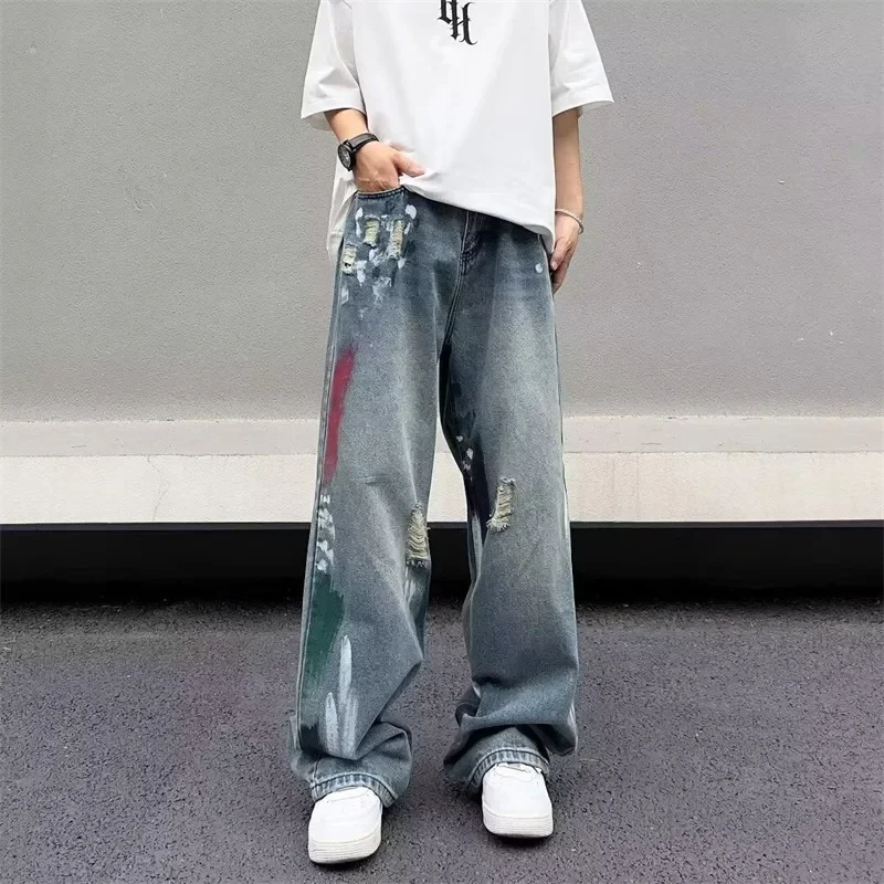 Autumn Men's Graffiti Y2K Streetwear Baggy Jeans Hip Hop Fashion Ripped Blue Denim Trousers Punk Straight jean pantalones hombre