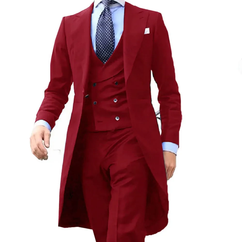 New Arrive Long Coat Designs Burgundy Men Suit Gentle Male Set Tuxedo Prom Blazer Custom Fashion 3 Pieces (Jacket+vest+Pants) - Afbeelding 4