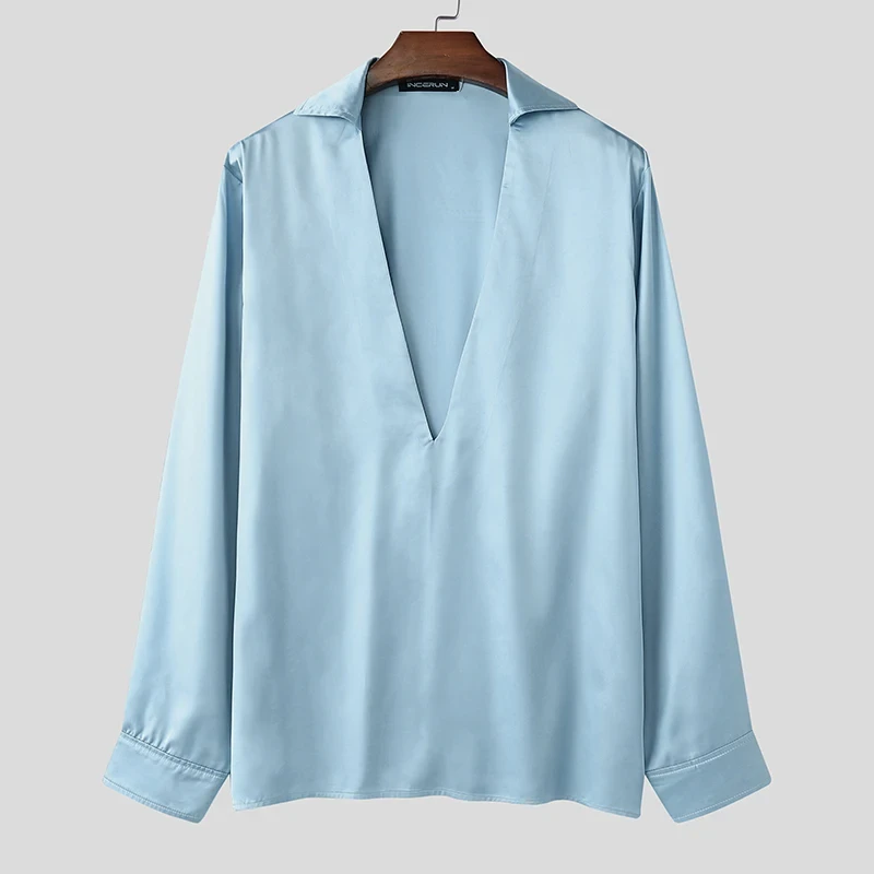 Fashion Casual Style Tops INCERUN 2024 Men's Deconstructive Design Satin Shirts Sexy Solid Personality Long Sleeved Blouse S-5XL - Afbeelding 8