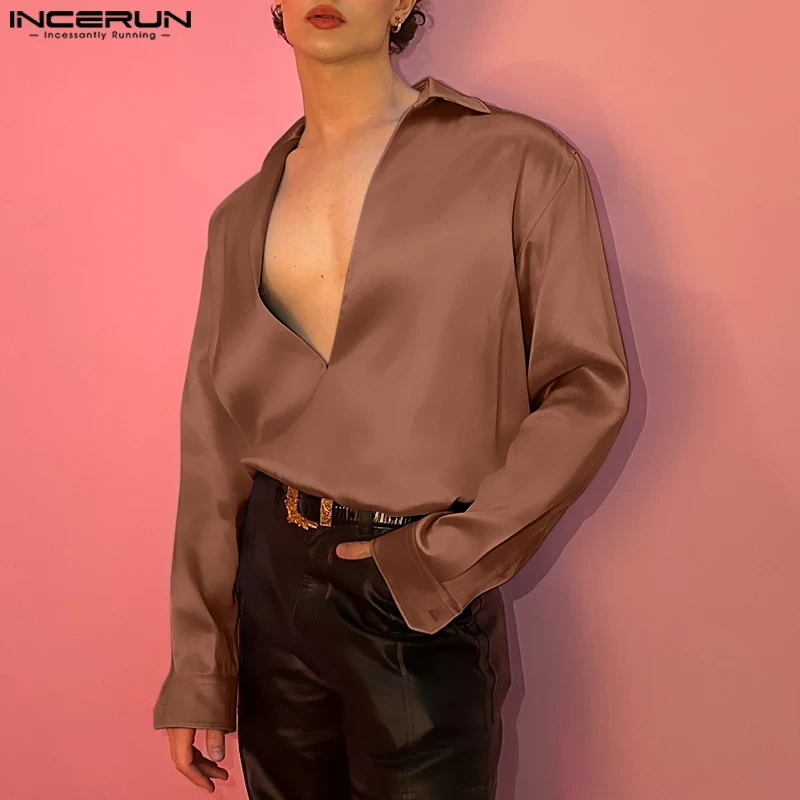 Fashion Casual Style Tops INCERUN 2024 Men's Deconstructive Design Satin Shirts Sexy Solid Personality Long Sleeved Blouse S-5XL - Afbeelding 3
