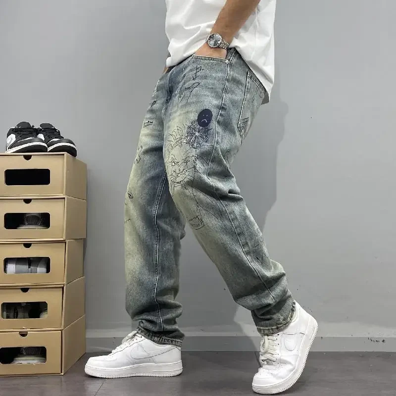 Men Trendy American Vintage Print Loose Pocket Straight Denim Pants Casual Streetwear Y2K Harajuku Baggy Jeans Pantalones Hombre - Afbeelding 4