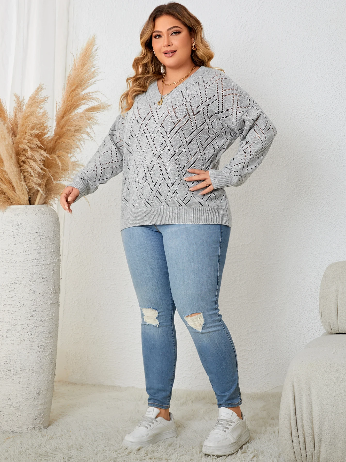 Spring Autumn Fashion Korean Style Casual Knitting Top Gray Long Sleeve V Neck Elegant Women's Plus Size Clothing Party Sweater - Afbeelding 6