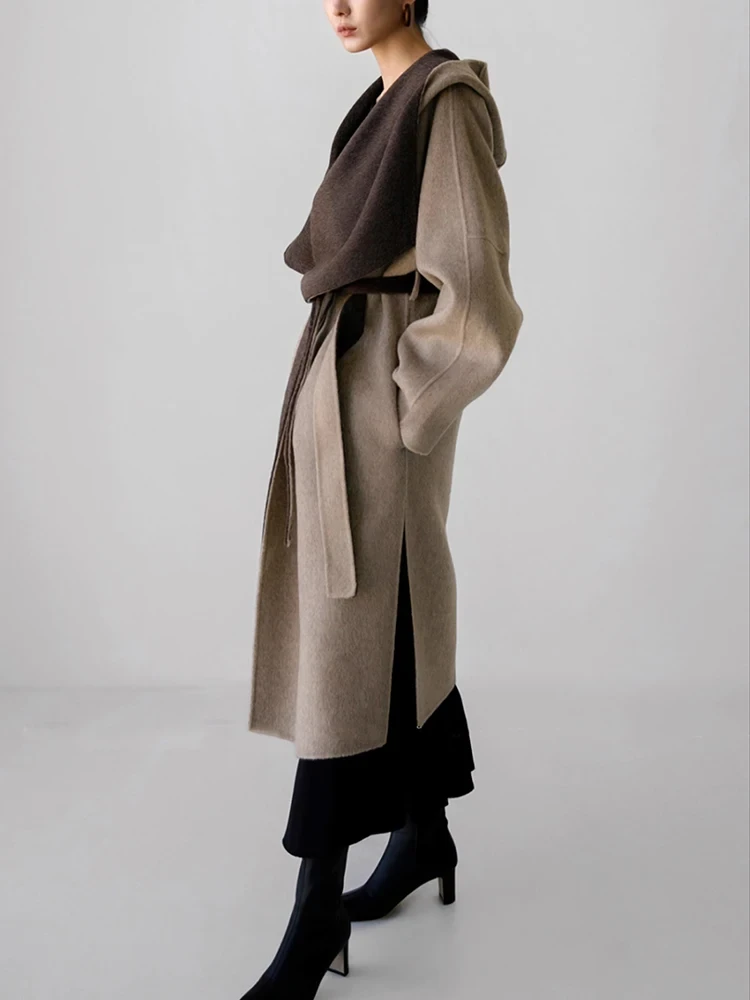 Kantoor Dame Hooded Wollen Jassen 2024 Herfst En Winter Badjas Stijl Losse relaxt Vetersluiting Stropdas Dames Lange Wollen Jassen - Afbeelding 4