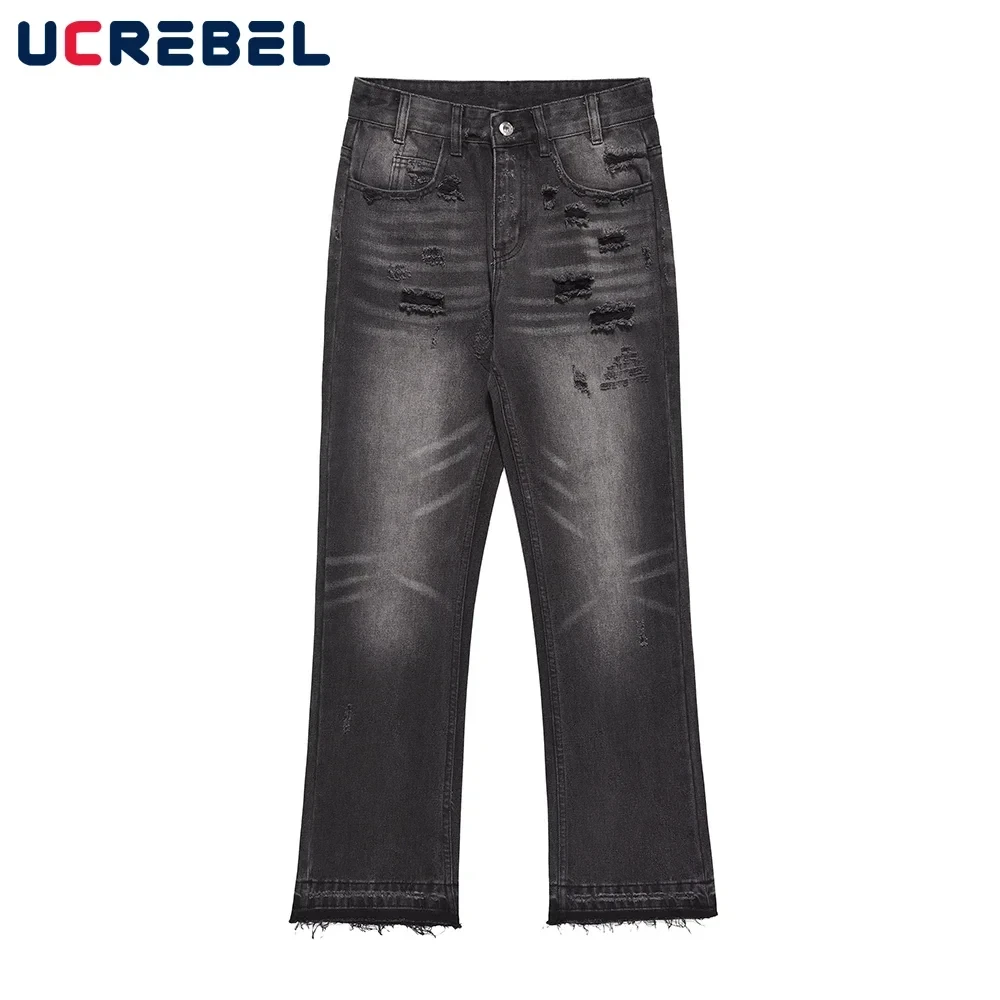 Retro Washed Black Ripped Hole Jeans Mens High Street Raw Edge Straight-leg Flared Pants Men