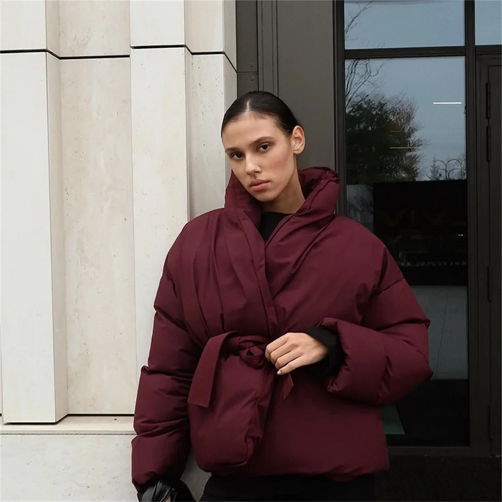 Elegant Wine Red Belt Cotton Padded Coat Women Winter Solid Stand Collar Long Sleeve Thicken Jacket Office Lady Commuter Outwear
