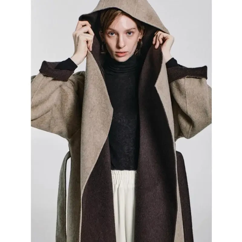 Kantoor Dame Hooded Wollen Jassen 2024 Herfst En Winter Badjas Stijl Losse relaxt Vetersluiting Stropdas Dames Lange Wollen Jassen - Afbeelding 7