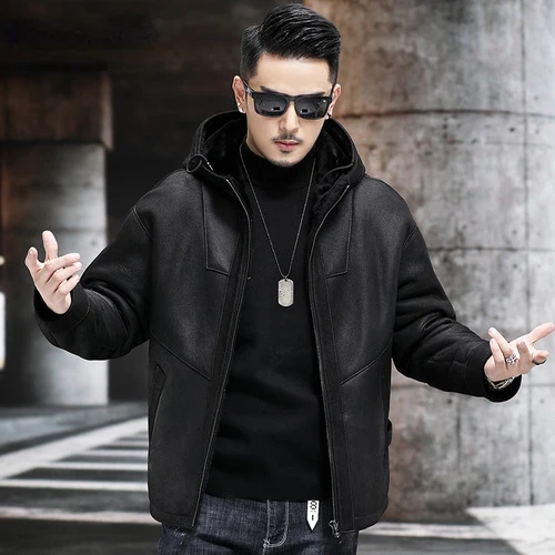 Original Sheepskin Fur Integrated Coat Men's Hooded Fur Jacket Short Casual Winter Mens Leather Jackets Thick Male Clothing FCY - Afbeelding 7