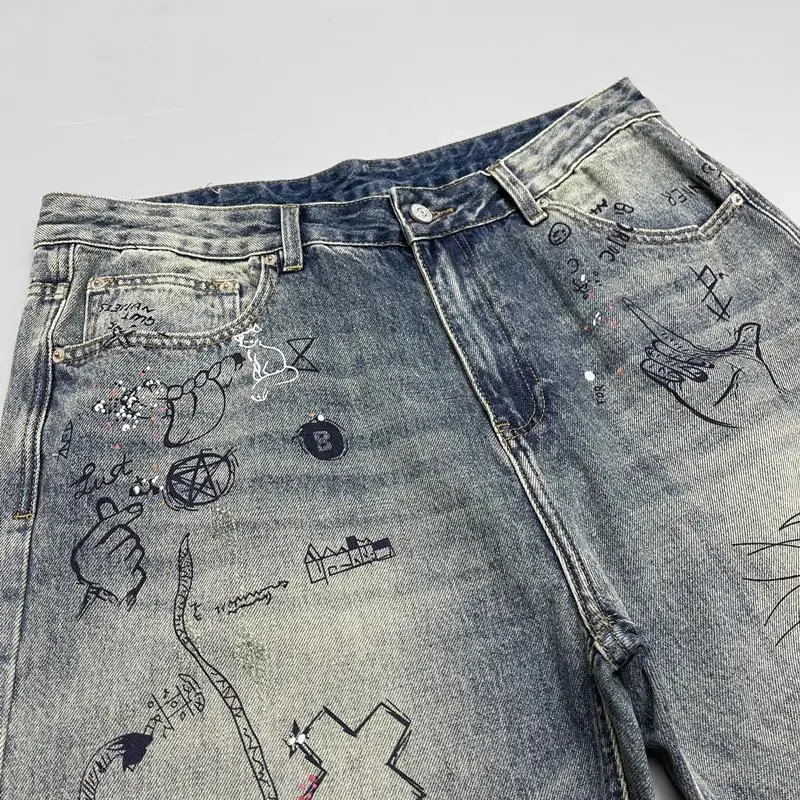 Men Trendy American Vintage Print Loose Pocket Straight Denim Pants Casual Streetwear Y2K Harajuku Baggy Jeans Pantalones Hombre - Afbeelding 6