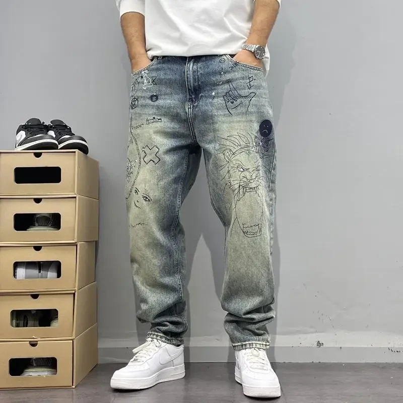 Men Trendy American Vintage Print Loose Pocket Straight Denim Pants Casual Streetwear Y2K Harajuku Baggy Jeans Pantalones Hombre