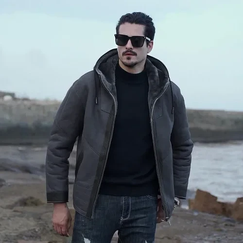 Original Sheepskin Fur Integrated Coat Men's Hooded Fur Jacket Short Casual Winter Mens Leather Jackets Thick Male Clothing FCY - Afbeelding 8