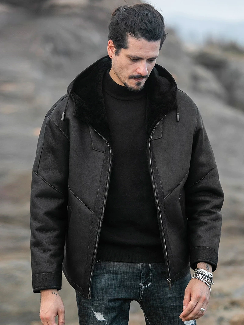 Original Sheepskin Fur Integrated Coat Men's Hooded Fur Jacket Short Casual Winter Mens Leather Jackets Thick Male Clothing FCY - Afbeelding 3