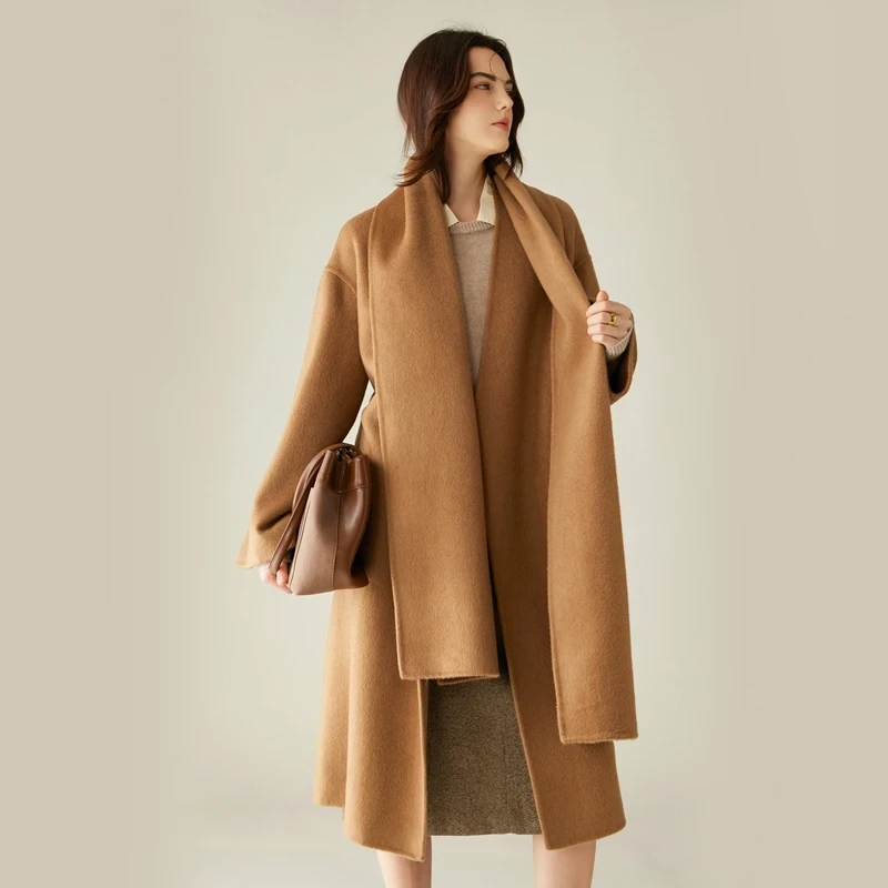 High-End Damesjas met Sjaal 30% Kameelwol Dubbelzijdig 70% Wollen Jas Lange Herfst en Winter Warme V-hals Dameskleding - Afbeelding 3