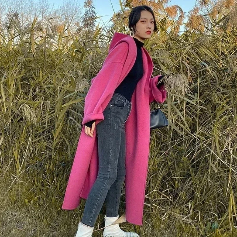 2024 Winter New Women Loose Hooded Warm Woolen Long Below The Knee Coats Female Elegant Solid Color Outwear Oversize Streetwear - Afbeelding 6