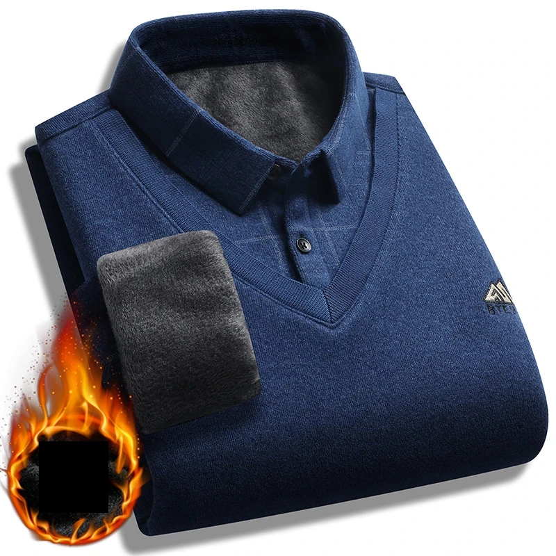 Autumn Winter Men's Fake Two Pieces Pullovers Long Sleeve Sweater Shirts V Neck Fleece Embroidery Thick Warm Knit Casual Wear - Afbeelding 6