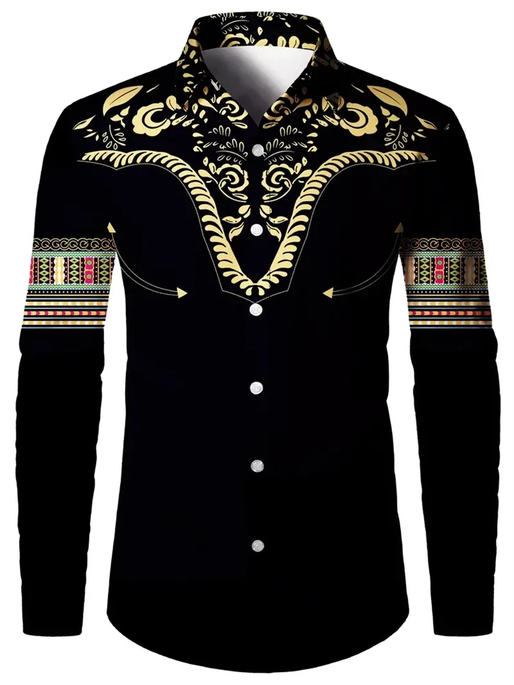 New Retro Men's Lapel Shirt Men's Exquisite Ethnic Print Slim Shirt New Fall Fashion Office Long-sleeved Blouse Elegant Shirt - Afbeelding 2