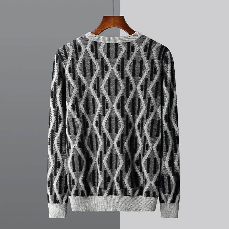 Men's 100% merino wool autumn and winter new round neck cashmere pullover thickened warm solid color high-end sweater long sleev - Afbeelding 2