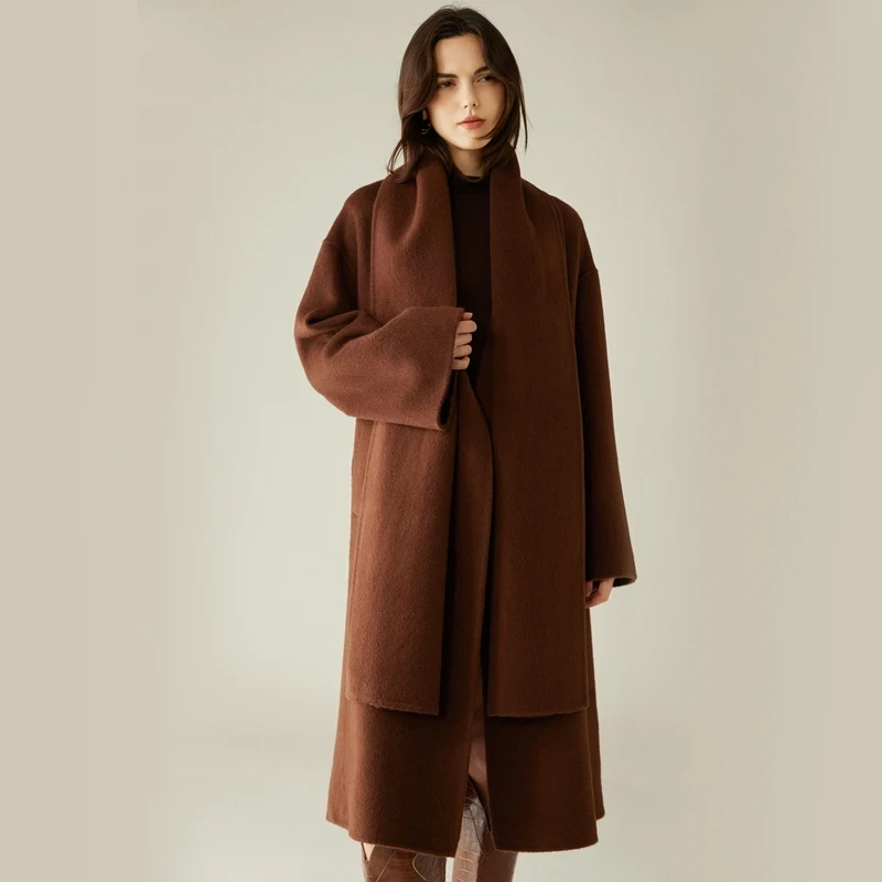 High-End Damesjas met Sjaal 30% Kameelwol Dubbelzijdig 70% Wollen Jas Lange Herfst en Winter Warme V-hals Dameskleding - Afbeelding 8