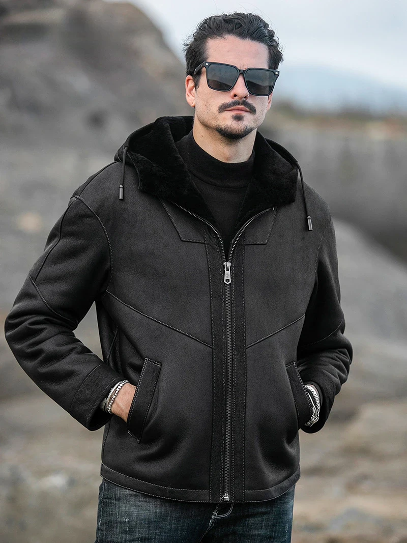 Original Sheepskin Fur Integrated Coat Men's Hooded Fur Jacket Short Casual Winter Mens Leather Jackets Thick Male Clothing FCY - Afbeelding 2