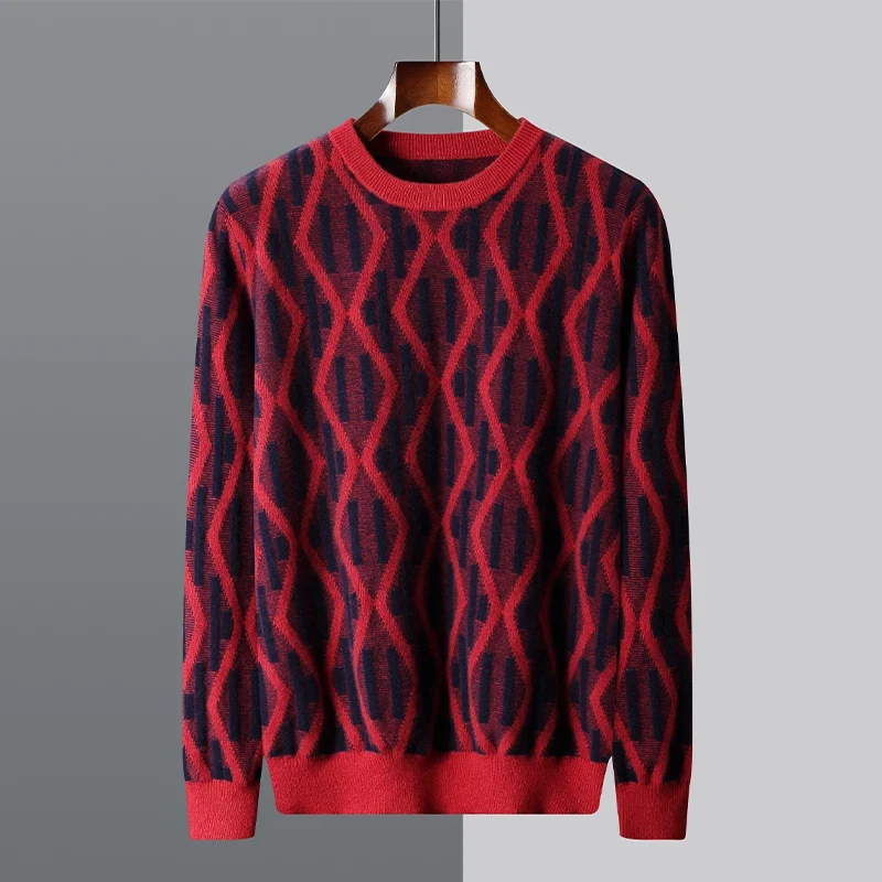 Men's 100% merino wool autumn and winter new round neck cashmere pullover thickened warm solid color high-end sweater long sleev - Afbeelding 3