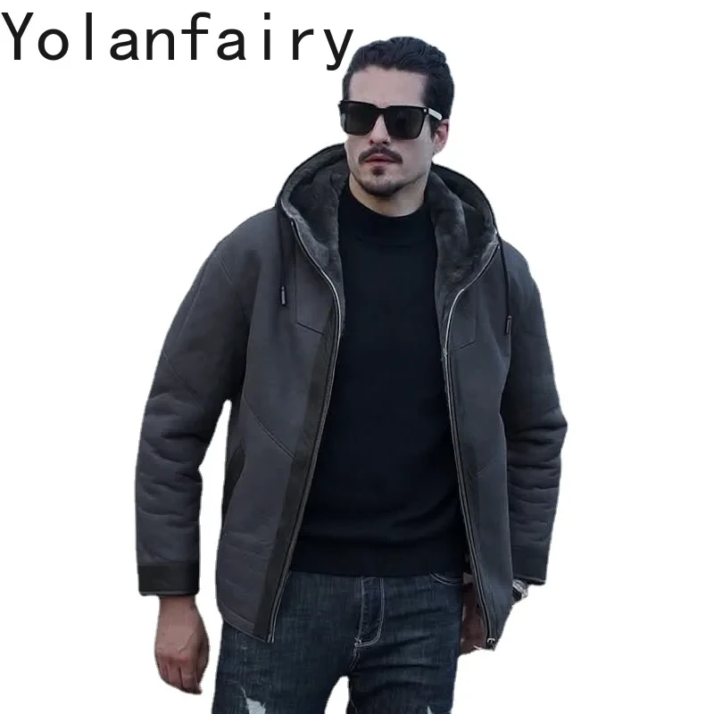 Original Sheepskin Fur Integrated Coat Men's Hooded Fur Jacket Short Casual Winter Mens Leather Jackets Thick Male Clothing FCY