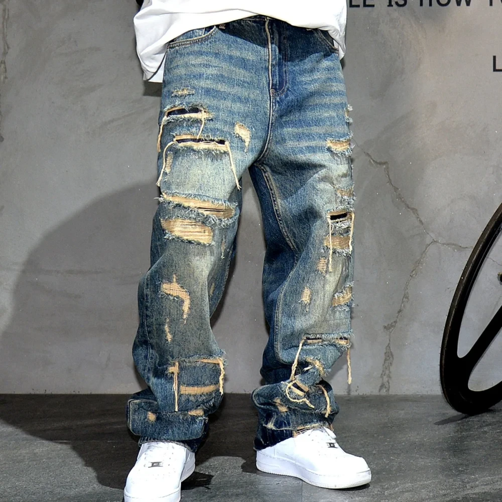 American Streetwear Hand Sewn Patch Ripped Jeans For Men Skateboard Baggy Denim Straight Leg Pants Harajuku Fashion Trousers - Afbeelding 6