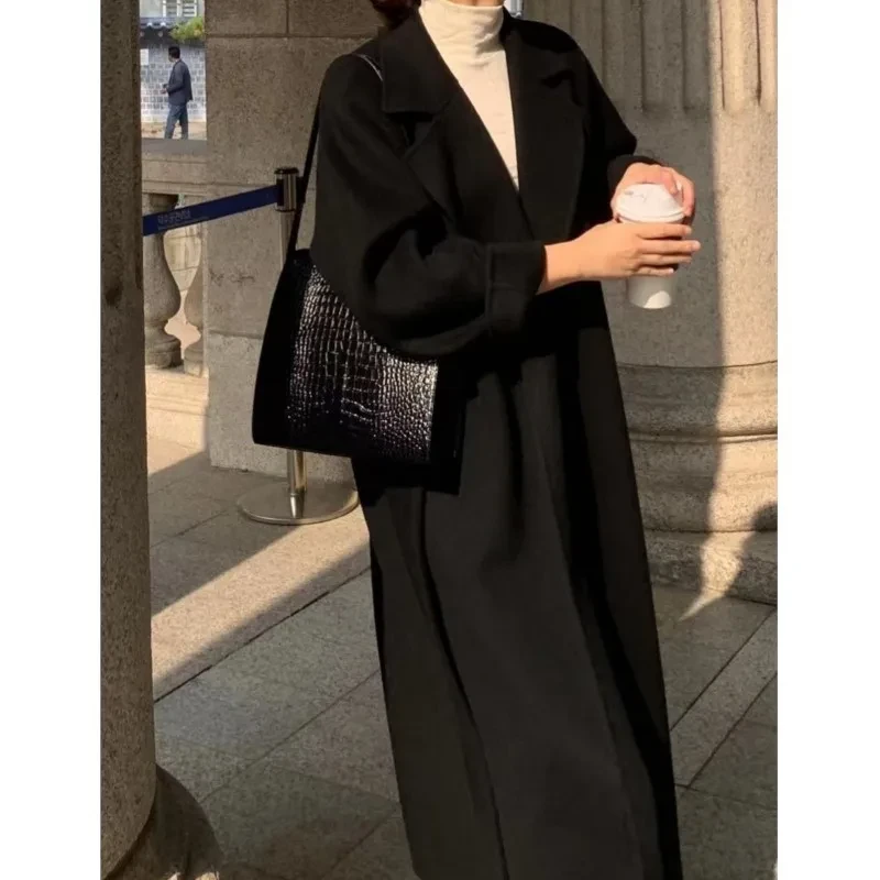 Vrouwen Elegante Lange Wollen Jas met Riem Herfst Winter Nieuwe Mode Effen Revers Lange Mouw Chic Bovenkleding Dames Casual Overjas - Afbeelding 4