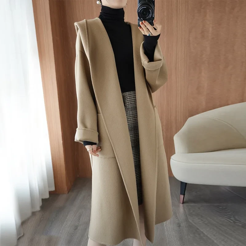 Vintage elegante dubbelzijdige kasjmier jas dames herfst winter 2023 nieuwe hoge kwaliteit capuchon verdikte grote maat losse wollen jas - Afbeelding 9