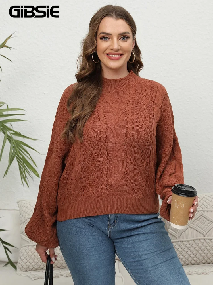 GIBSIE Plus Size Womens Short Sweaters Autumn Winter 2025 Causal Mock Neck Lantern Long Sleeve Pullover Knitted Sweater Tops - Afbeelding 3