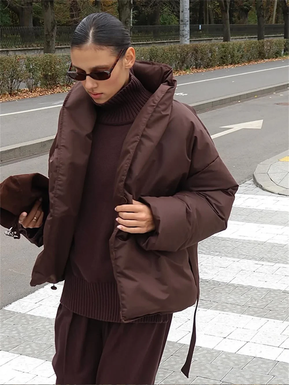 Elegant Wine Red Belt Cotton Padded Coat Women Winter Solid Stand Collar Long Sleeve Thicken Jacket Office Lady Commuter Outwear - Afbeelding 3