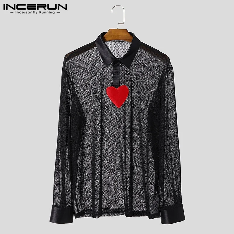 Sexy Stylish Style Tops INCERUN 2025 Men's Hollowed Love Pattern Shirt Party Show Male All-match Lapel Long Sleeved Blouse S-5XL - Afbeelding 2