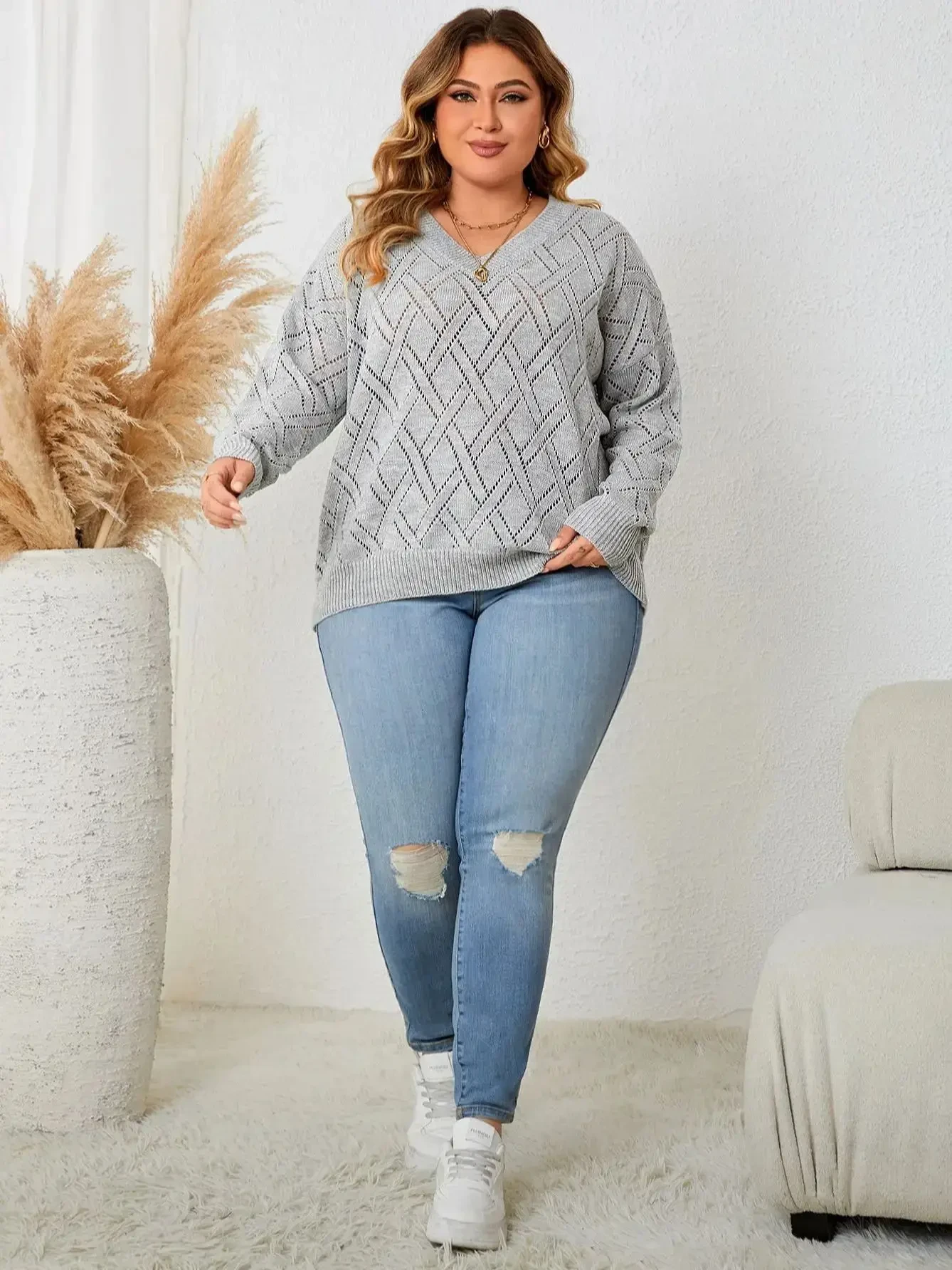 Spring Autumn Fashion Korean Style Casual Knitting Top Gray Long Sleeve V Neck Elegant Women's Plus Size Clothing Party Sweater - Afbeelding 7