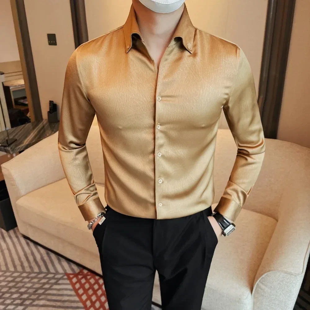 Men Long Sleeved Shirt 2024 Autumn New British Style Solid Casual Elastic Slim Fit Formal dress shirt High-quality Men Clothing