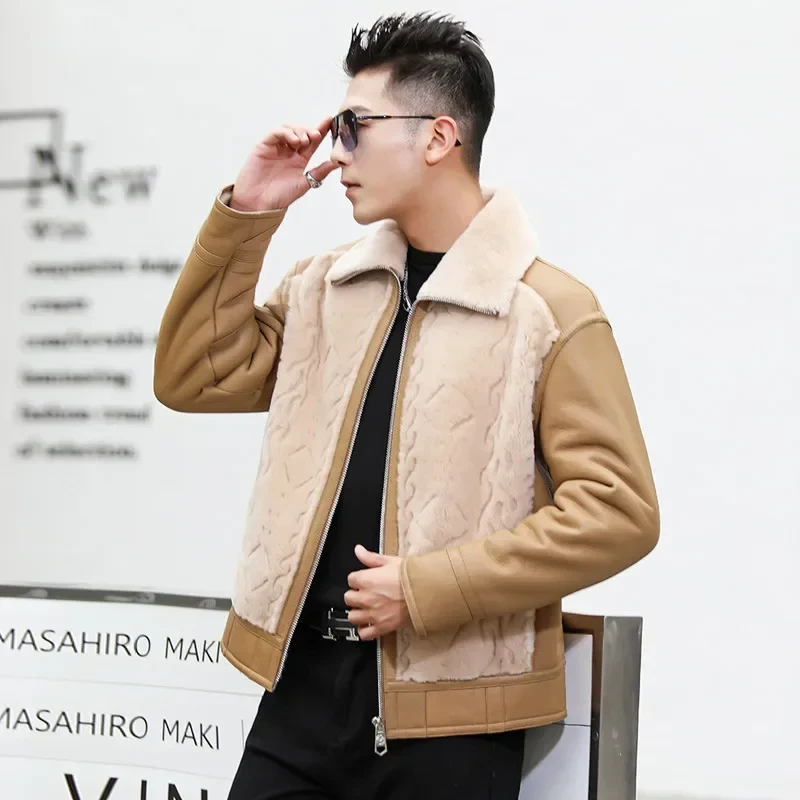 Original Leather and Fur Integrated Coat Men's Winter Lamb Fur Jacket Coats Fashion Male Warm Genuine Leather Clothing FCY5640 - Afbeelding 2