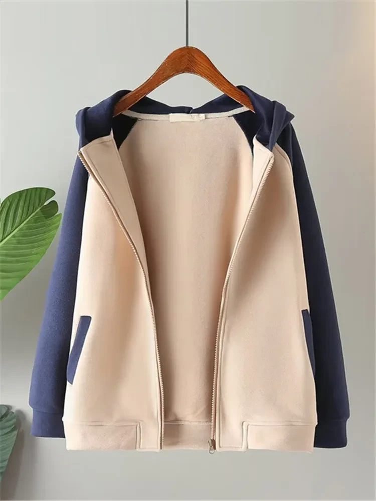 Plus Size Women's Clothing Autumn Winter Hoodies &Sweatshirts Hooded Long Sleeves Mixed color Warm Sweatshirt With Fleece Inside - Afbeelding 2