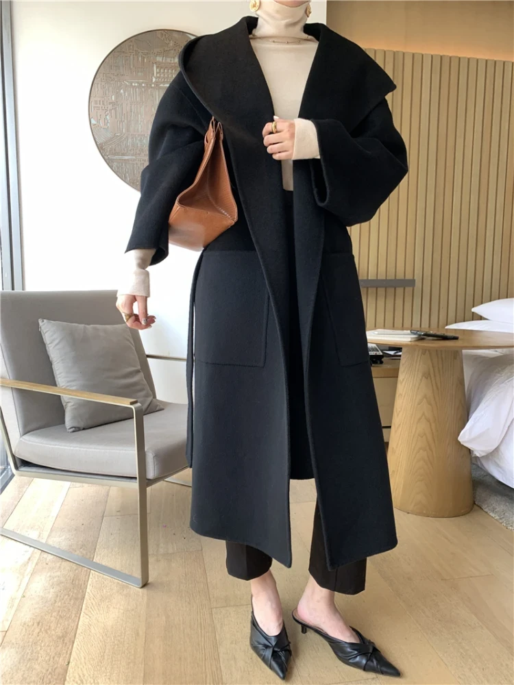 Vintage elegante dubbelzijdige kasjmier jas dames herfst winter 2023 nieuwe hoge kwaliteit capuchon verdikte grote maat losse wollen jas - Afbeelding 4