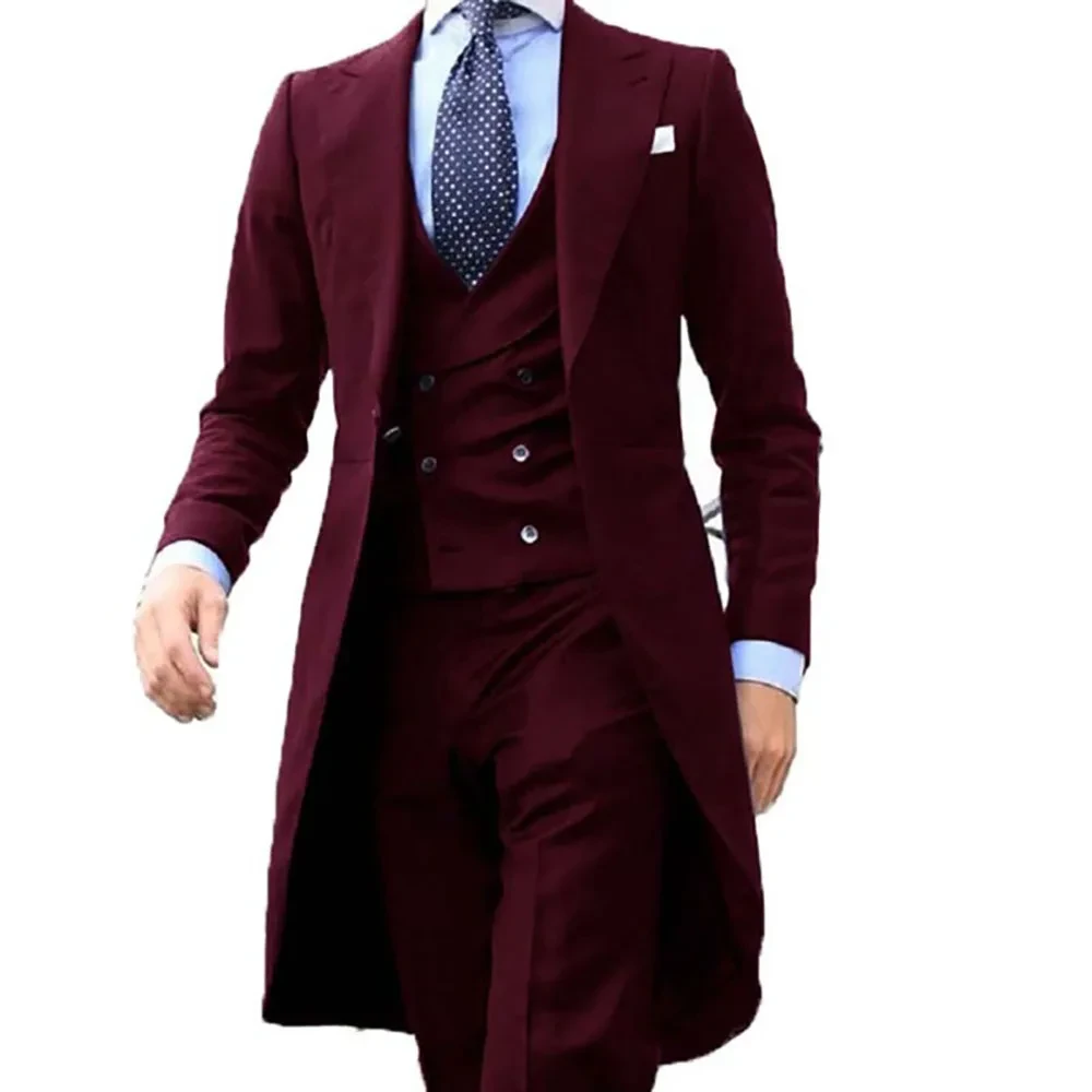 New Arrive Long Coat Designs Burgundy Men Suit Gentle Male Set Tuxedo Prom Blazer Custom Fashion 3 Pieces (Jacket+vest+Pants)