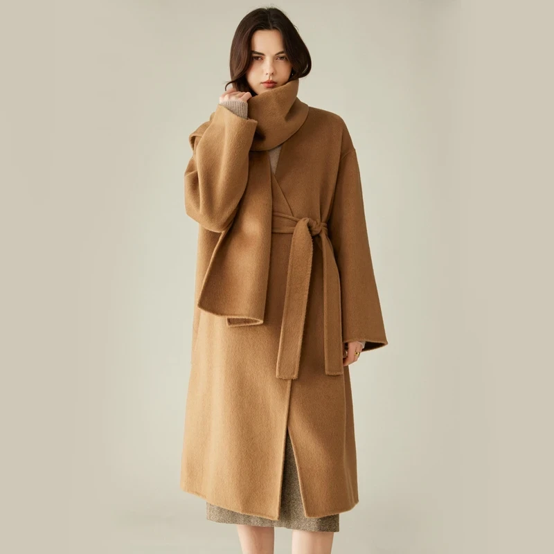 High-End Damesjas met Sjaal 30% Kameelwol Dubbelzijdig 70% Wollen Jas Lange Herfst en Winter Warme V-hals Dameskleding - Afbeelding 7