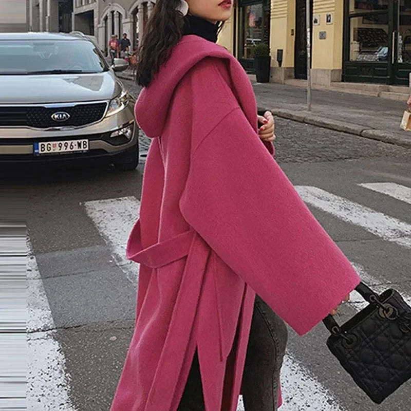 2024 Winter New Women Loose Hooded Warm Woolen Long Below The Knee Coats Female Elegant Solid Color Outwear Oversize Streetwear - Afbeelding 2