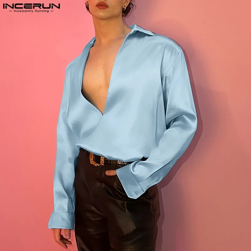 Fashion Casual Style Tops INCERUN 2024 Men's Deconstructive Design Satin Shirts Sexy Solid Personality Long Sleeved Blouse S-5XL - Afbeelding 2