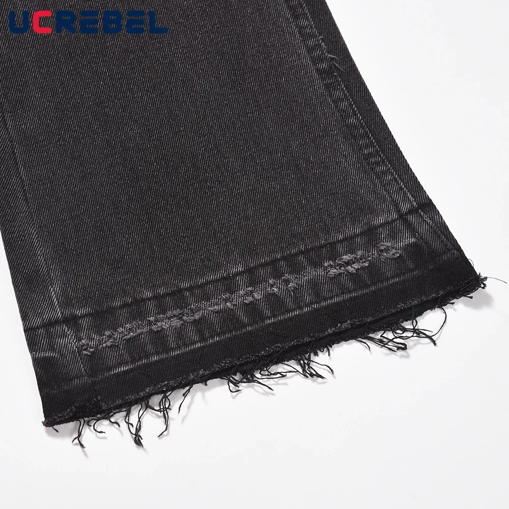 Retro Washed Black Ripped Hole Jeans Mens High Street Raw Edge Straight-leg Flared Pants Men - Afbeelding 5