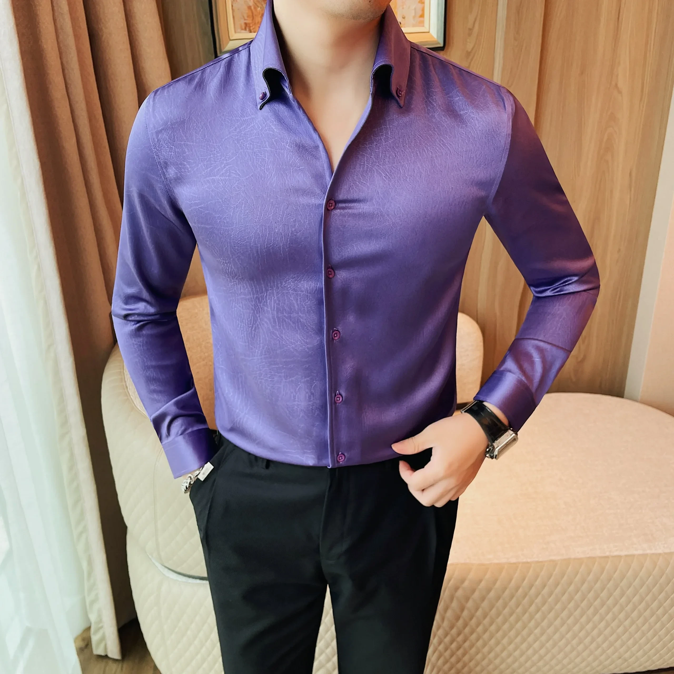 Men Long Sleeved Shirt 2024 Autumn New British Style Solid Casual Elastic Slim Fit Formal dress shirt High-quality Men Clothing - Afbeelding 9