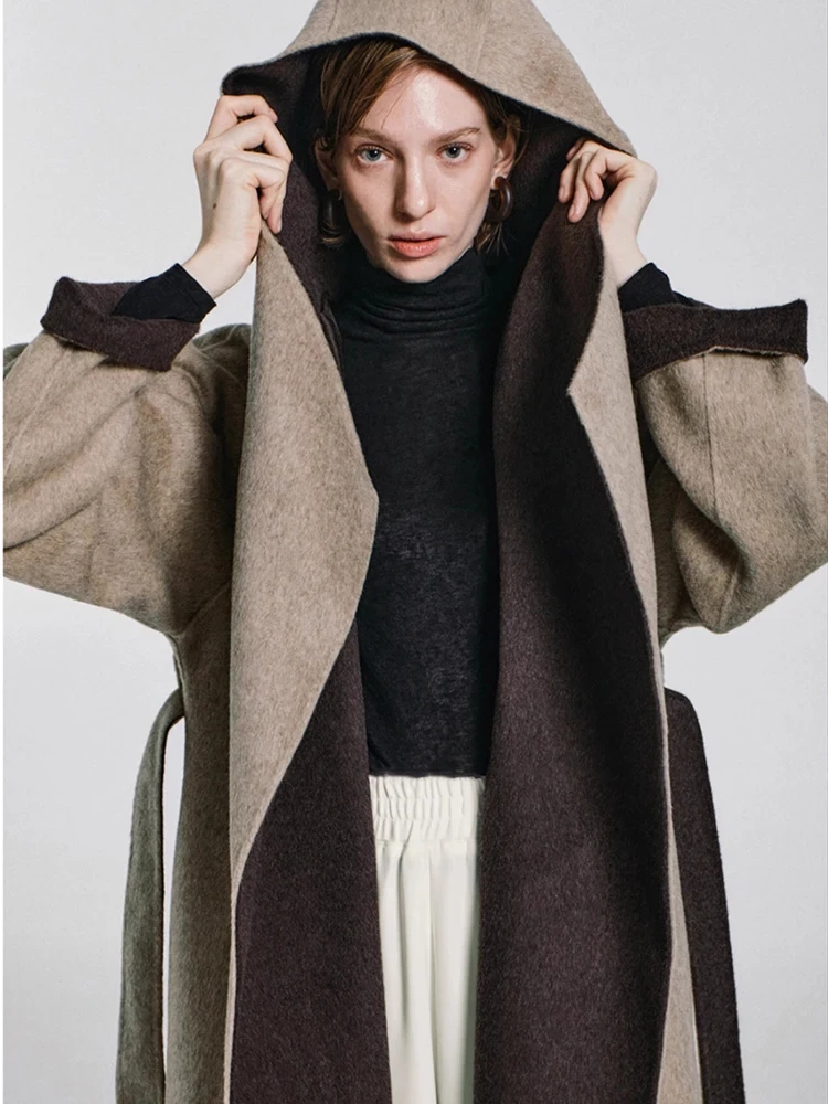 Kantoor Dame Hooded Wollen Jassen 2024 Herfst En Winter Badjas Stijl Losse relaxt Vetersluiting Stropdas Dames Lange Wollen Jassen