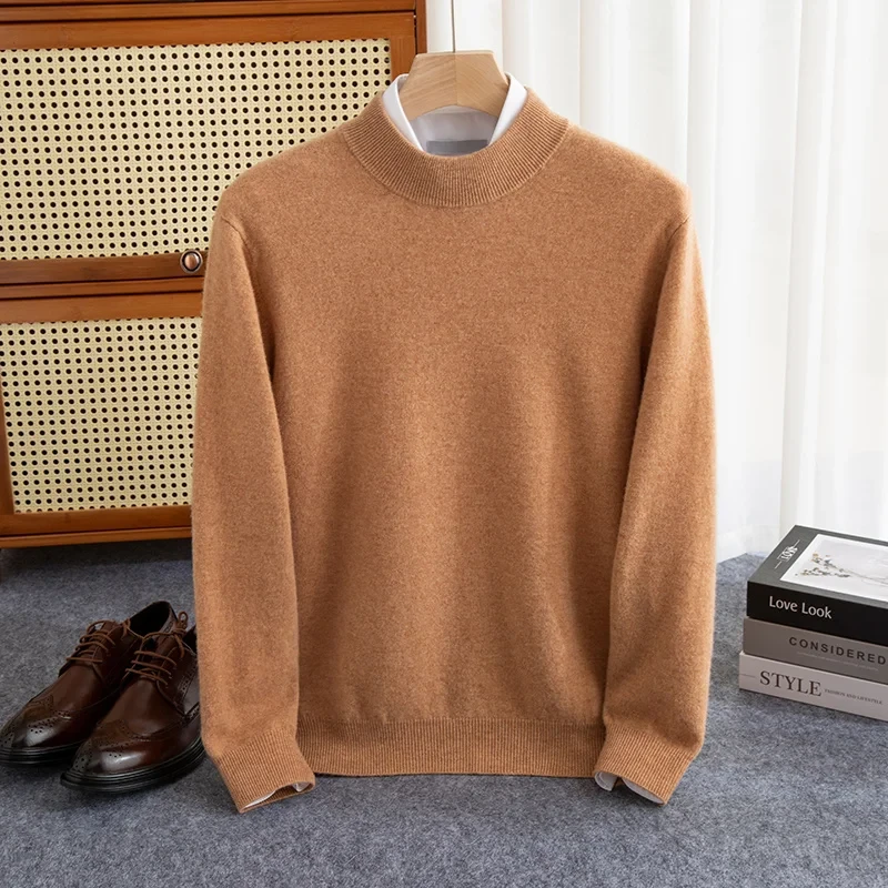 Autumn and winter 100% pure wool men's padded half-height slim bottoming pullover long-sleeved knitted cashmere sweater - Afbeelding 3