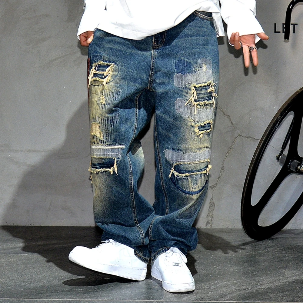 American Streetwear Ripped Patch Jeans Hip Hop Baggy Jeans Mens Clothing Vintage Denim Cargo Pants Japanese Harajuku Trousers - Afbeelding 6